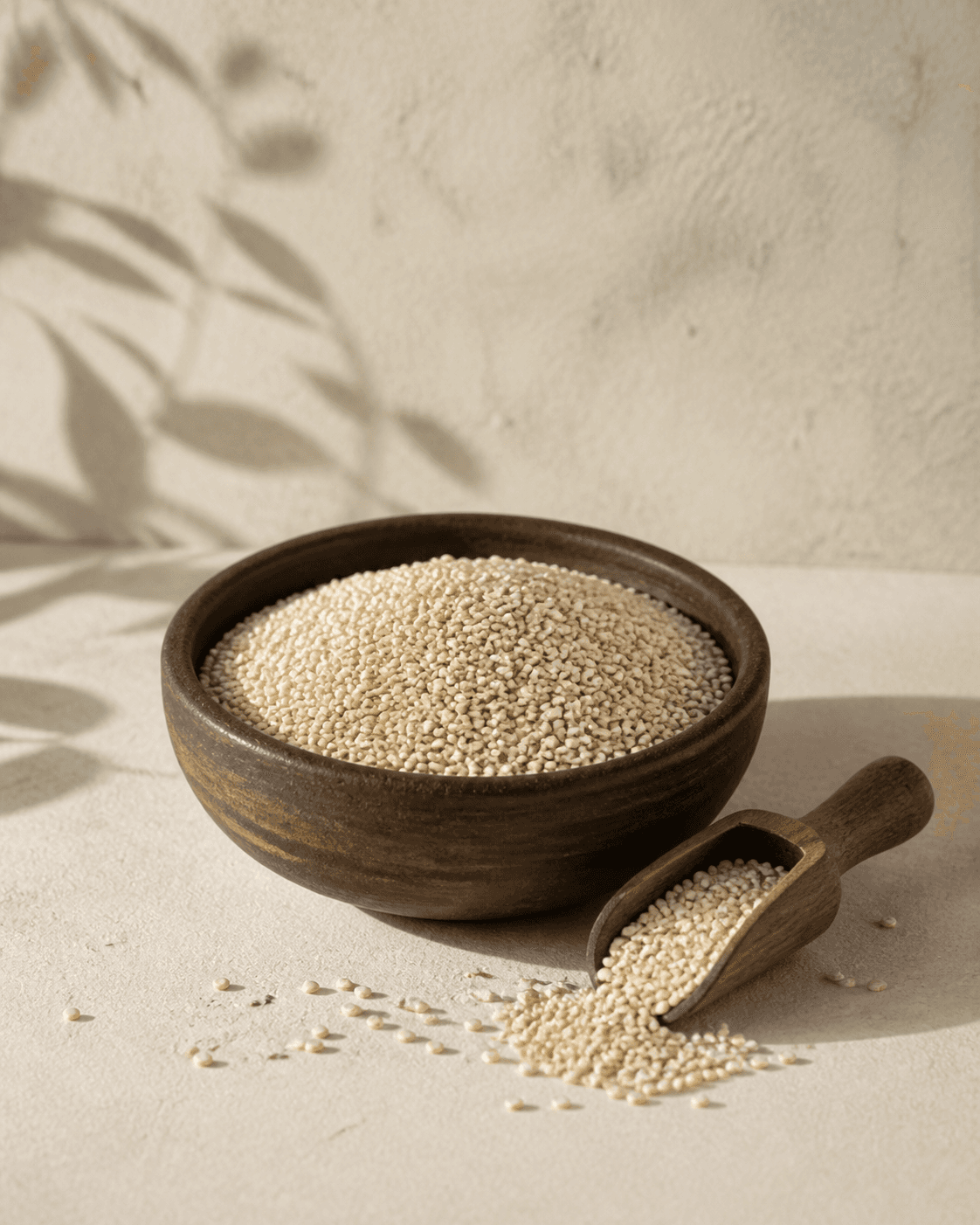 Pale grains arranged in an earthen bowl