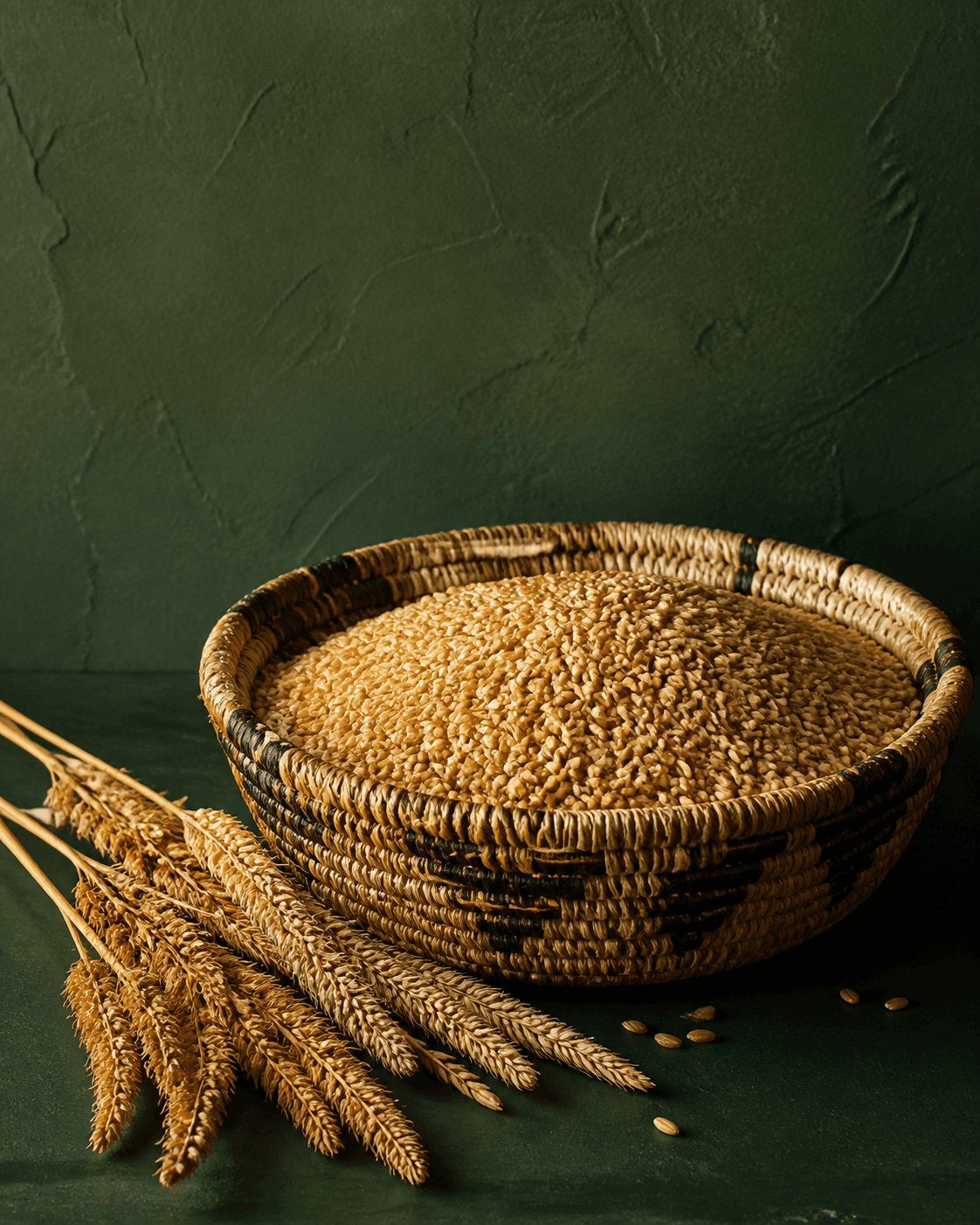 Golden whole grains arranged in a woven basket
